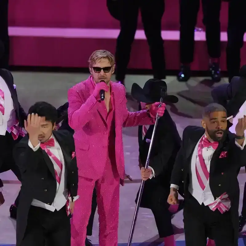 Ryan Gosling, in a bright pink suit, performs %22I'm Just Ken%22 from %22Barbie,%22 during the 96th Academy Awards