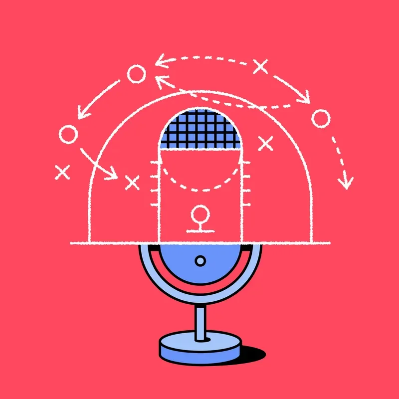 An illustration of a podcast microphone and basketball-court strategy lines. 