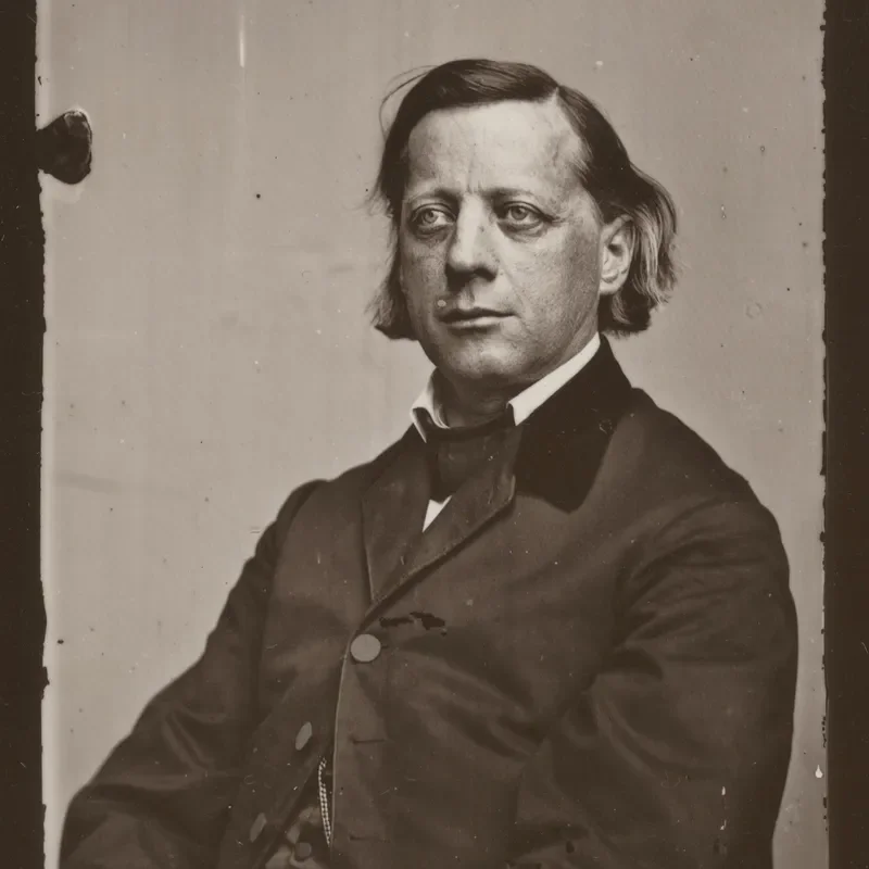 Black and white photograph of Henry Ward Beecher sitting down in a suit 