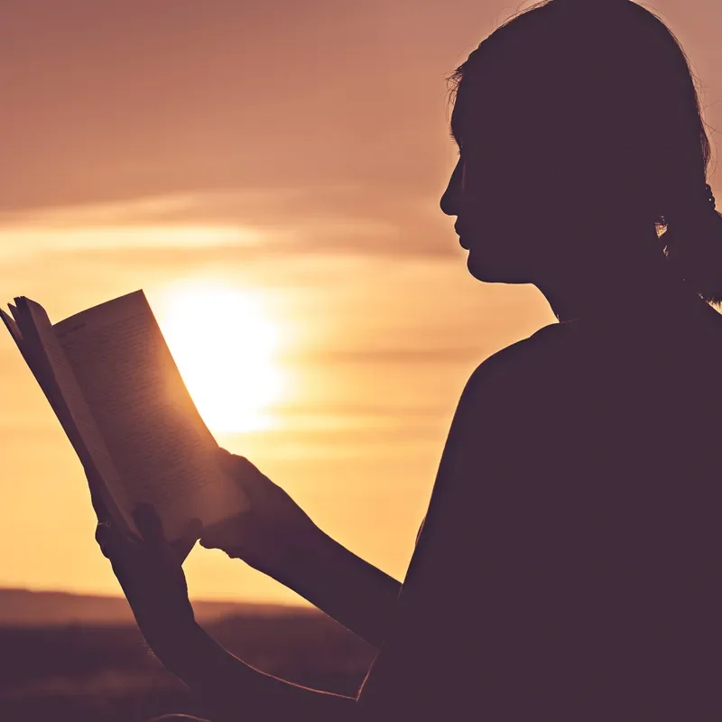 A photo of a silhouette of a woman holding a book.