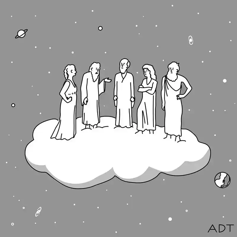 Five deities stand on a cloud in outer space while discussing something.