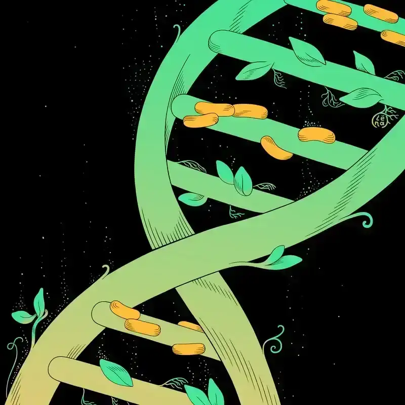 Illustration of a DNA strand made from plants.