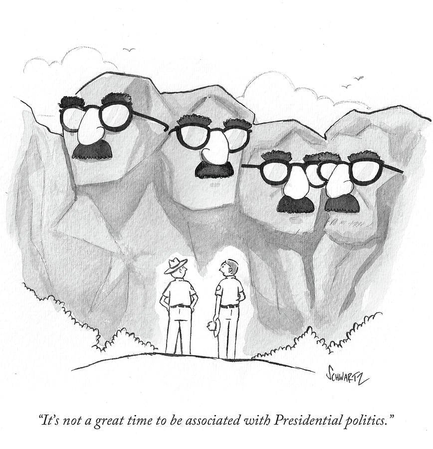 An illustration of Mount Rushmore except all of the president's are wearing glasses that have fake noses and mustaches attached.