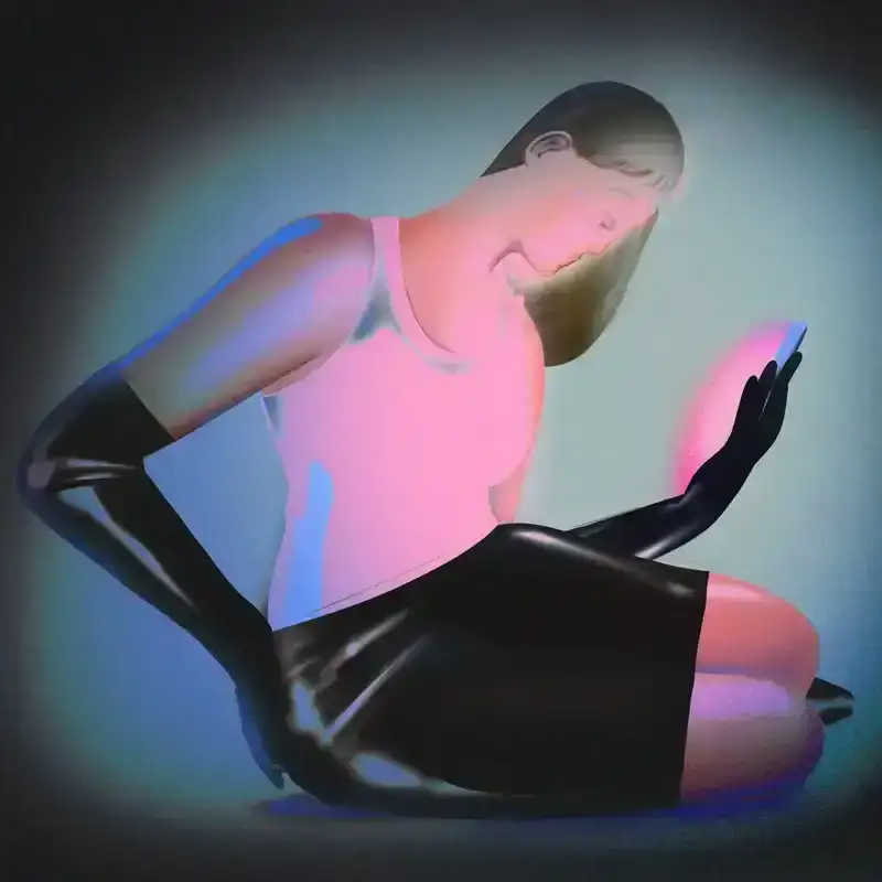 Illustration of a woman staring at her phone wearing latex gloves and a latex skirt.