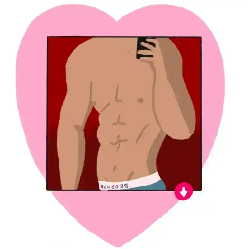 An illustration of a shirtless and headless man set over a heart.