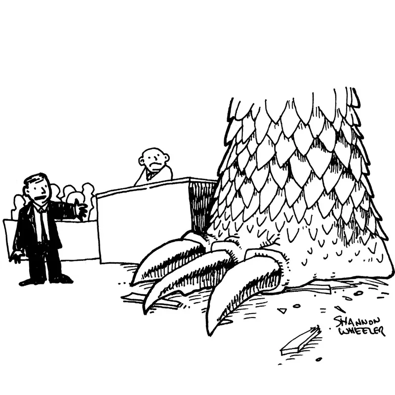 A lawyer stands in front of a judge’s bench as he points to a giant lizard foot. 