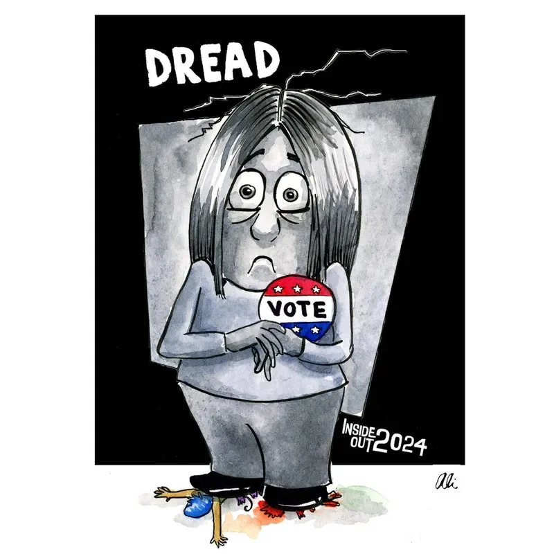 A poster for the movie “Inside Out 2024” shows a character named Dread wearing a “Vote” button and crushing all the other emotions.