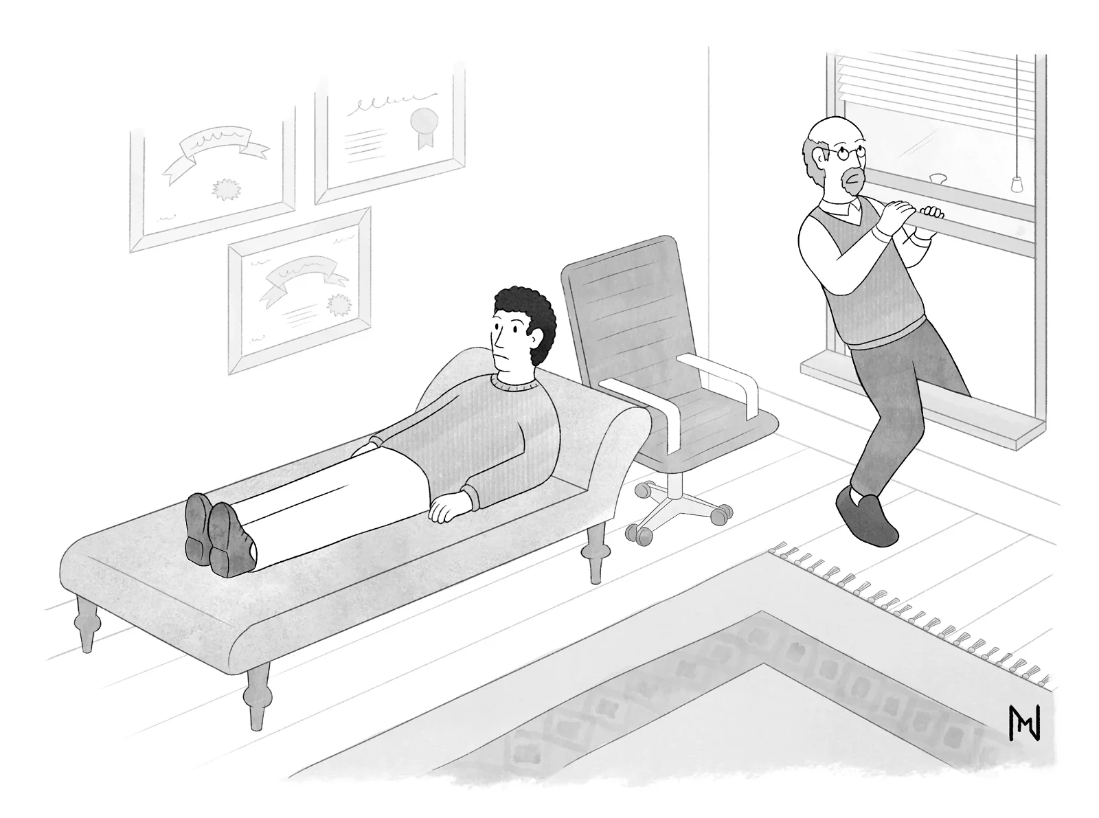 A man lies on a couch in a therapist's office while the therapist tries to sneak out of the room