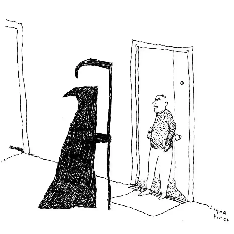 A person stands in the doorway of their home while talking to the Grim Reaper.