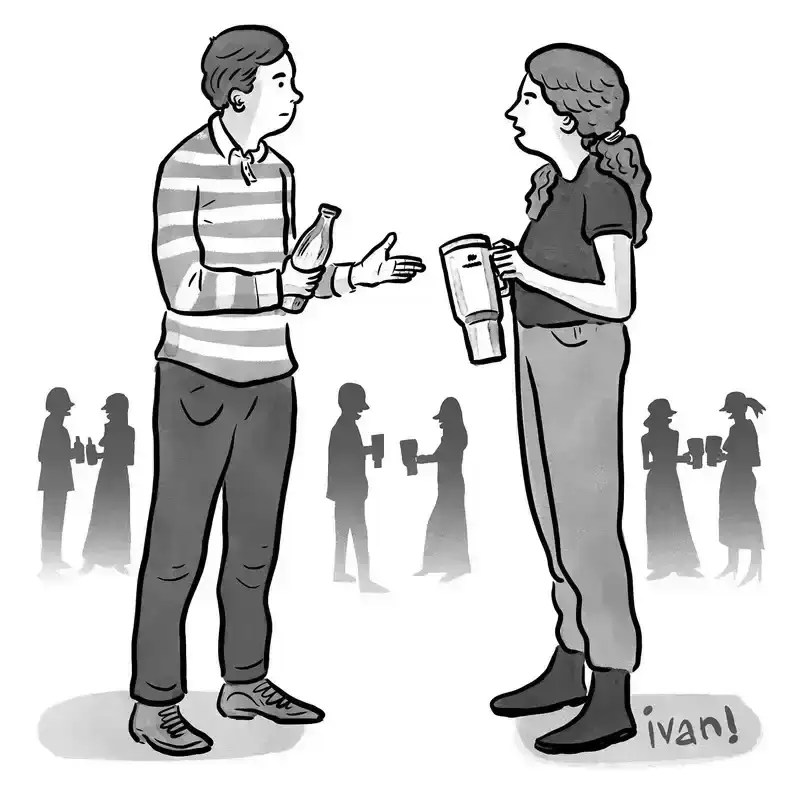 A person holding a Stanley tumbler is speaking to another person, who is holding a generic water bottle.