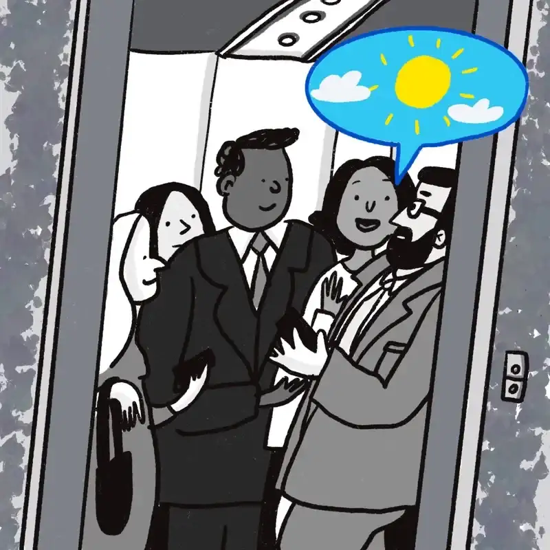 An illustration shows five people, looking animated, inside an elevator.