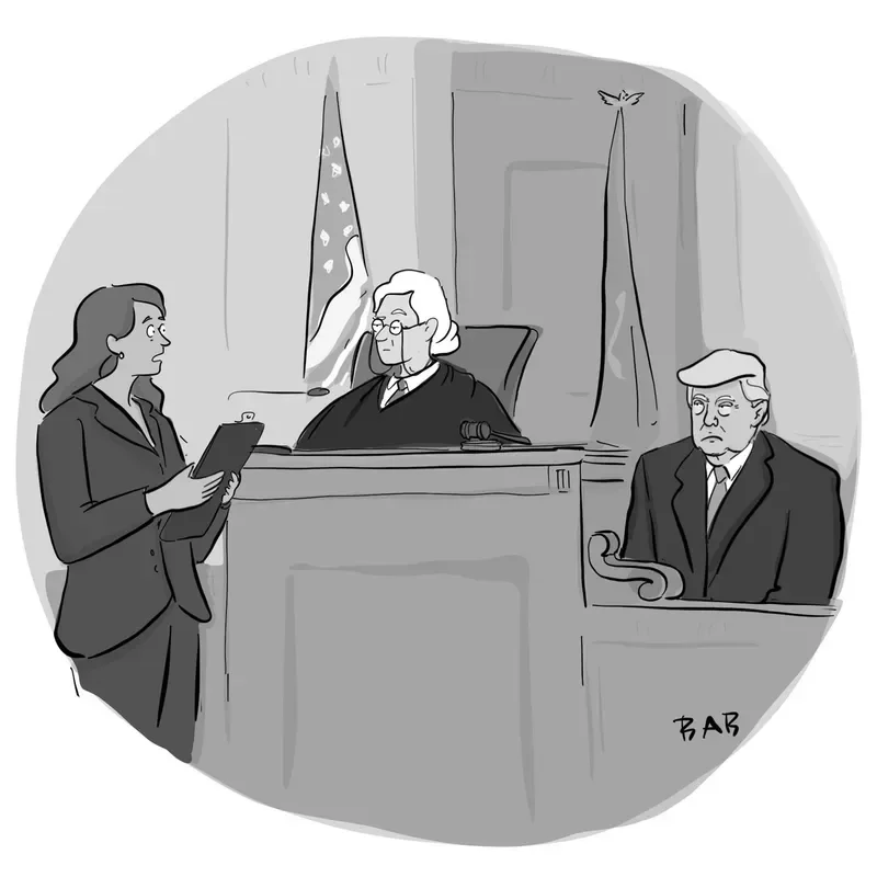 A woman in a suit talks to a judge. Next to the judge is Donald Trump, sitting behind a witness stand.