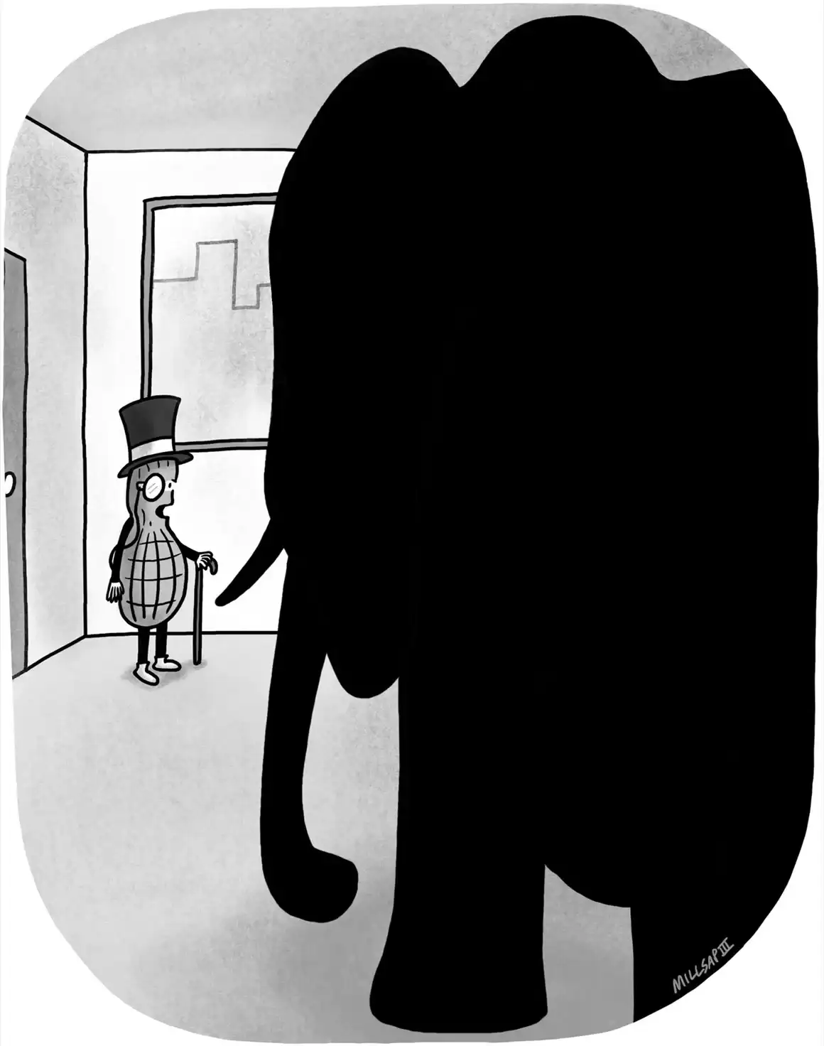 Mr. Peanut stands in the shadow of a large elephant.