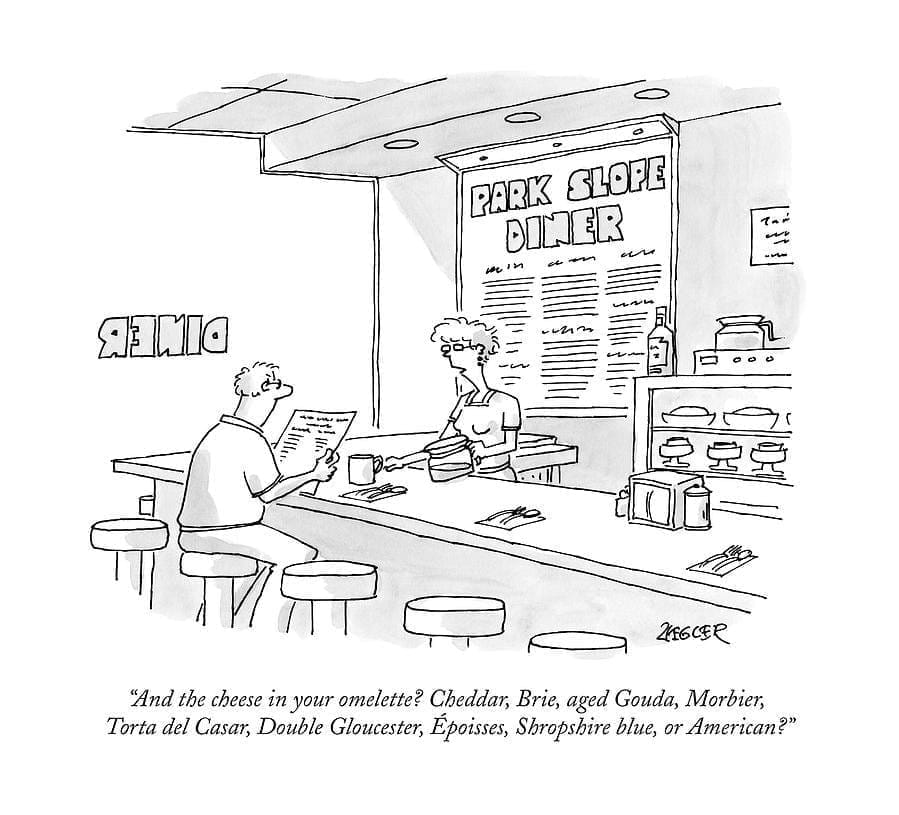 A man sits at the counter in the Park Slope Diner and the waitress asks him what kind of cheese he wants in his omelette: cheddar, brie, aged Gouda, Morbier, Torta del casar, Double Gloucester, Epoisses, Shropshire blue, or American?