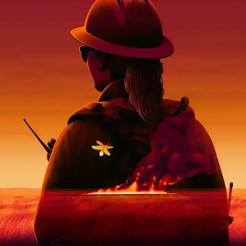 Illustration of a figure wearing a fire fighter's uniform in front of a field set on fire. 