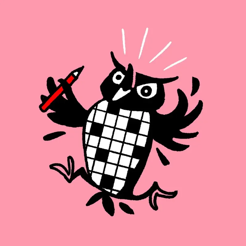 An owl with a crossword on its belly screams and runs against a pink background.