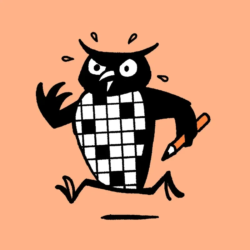 An owl with a crossword on its belly runs holding a pencil on an orange background.