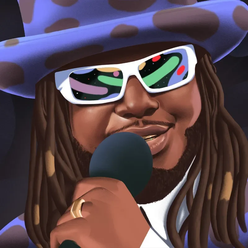 T-Pain is wearing purple and black dotted attire, white sunglasses, and is holding a mic 