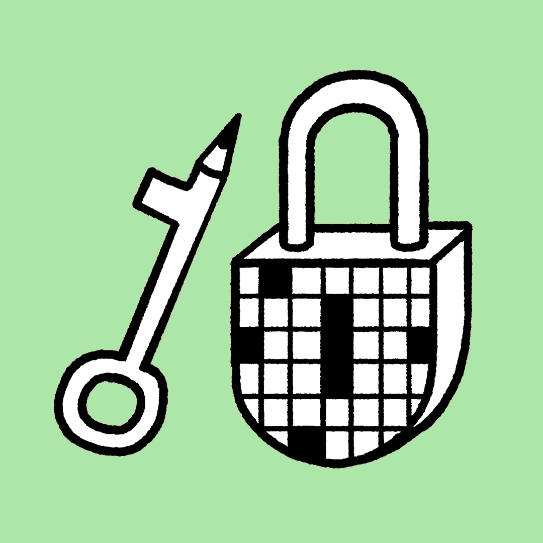 A lock with a crossword on it and a key shaped like a pencil. Set against a green background.