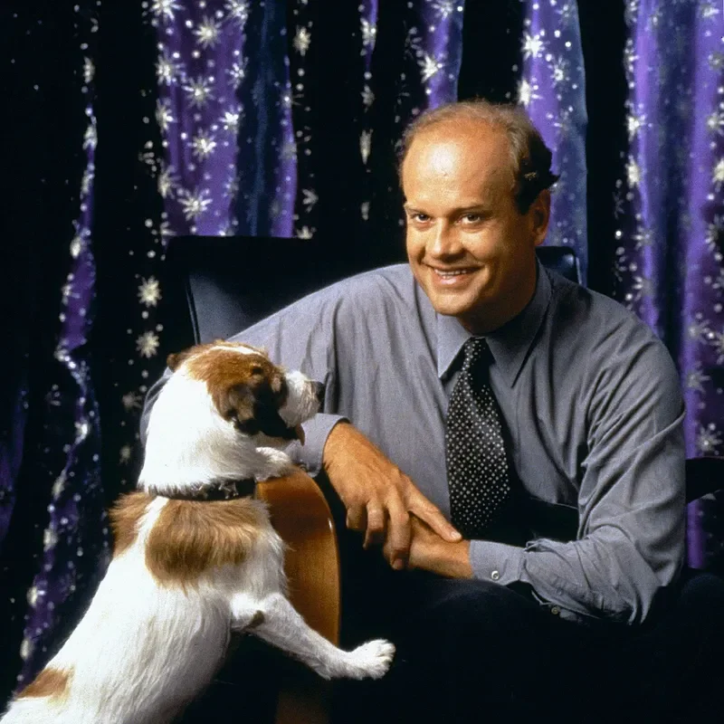 Frasier Crane sitting in a chair with a large grin while a dog stares at him