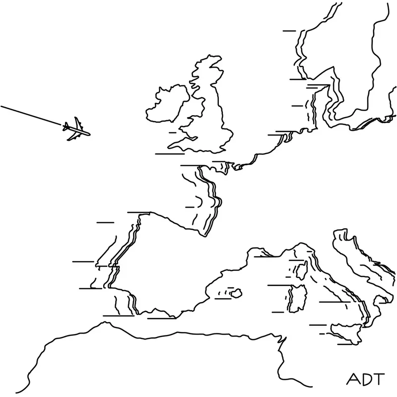 As an airplane approaches Europe, the continent can be seen moving to the right.