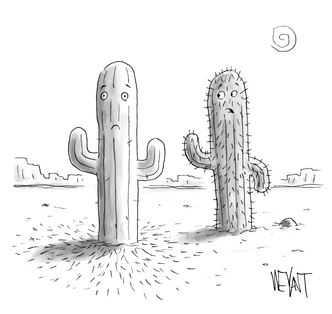 Two cacti next to each other in the desert. The one on the left has lost all of its needles. The one on the right is looking at it in shock.
