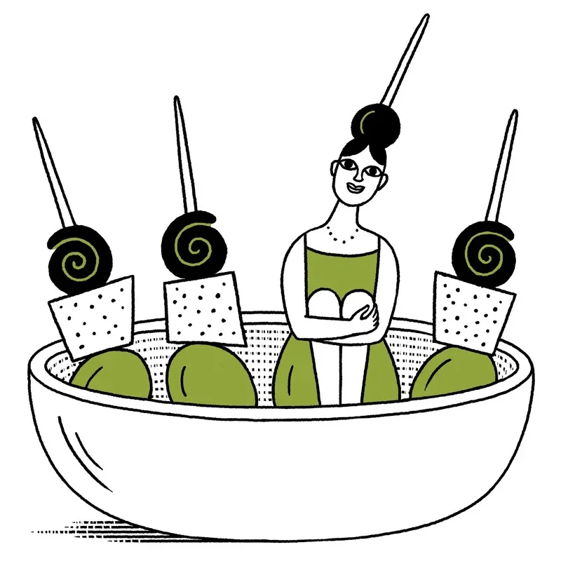 A lady camouflaging with the appetizers in a bowl.