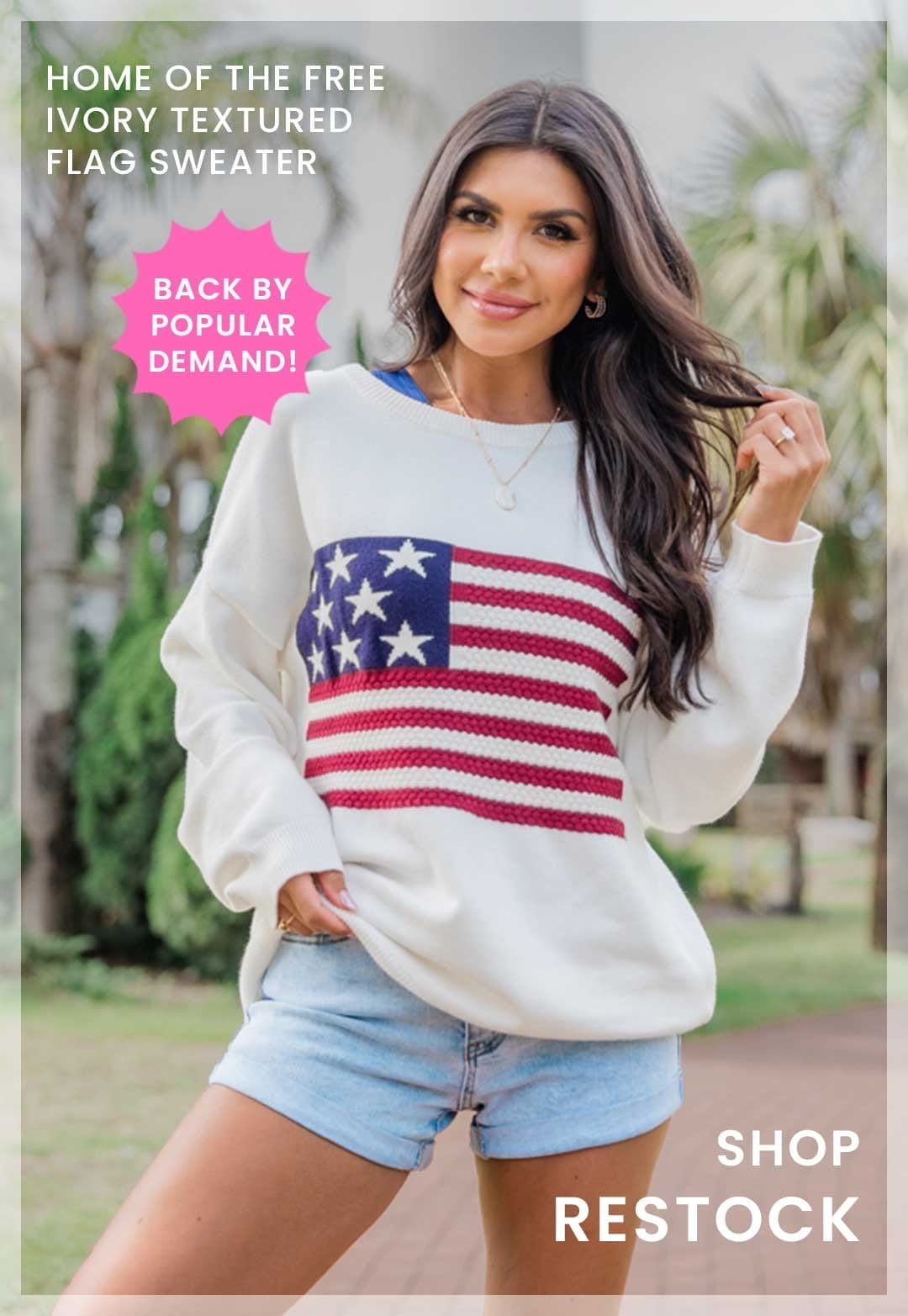 SHOP RESTOCK - HOME OF THE FREE IVORY TEXTURED FLAG SWEATER - BACK BY POPULAR DEMAND!