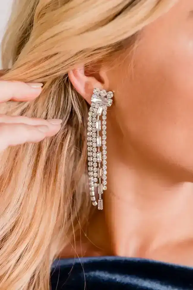 Image of Silver Rhinestone Drop Fringe Earrings