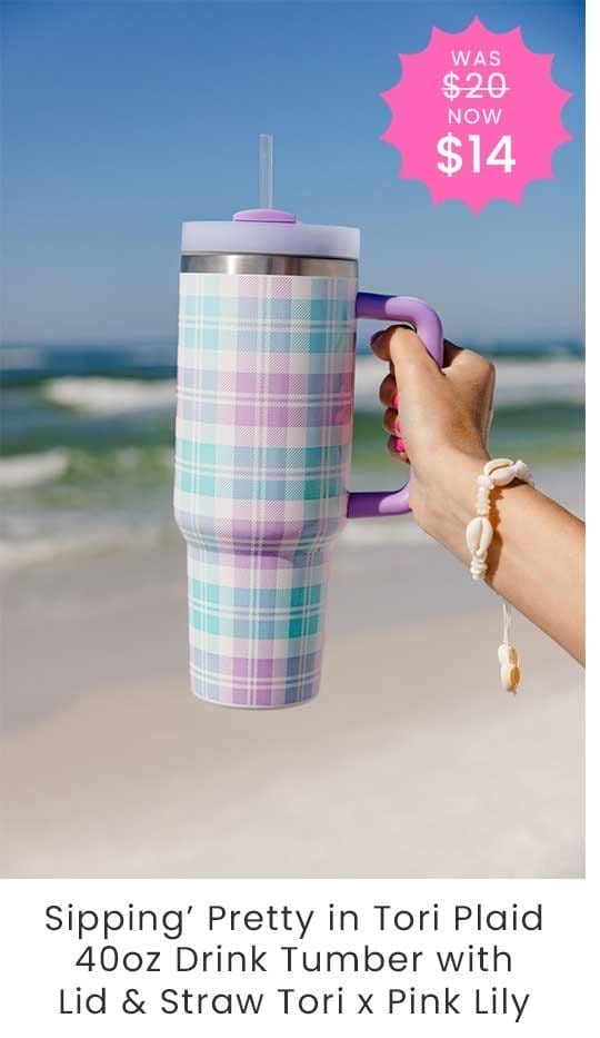 Sippin' Pretty in Tori Plaid 40oz Drink Tumbler with Lid & Straw Tori X Pink Lily