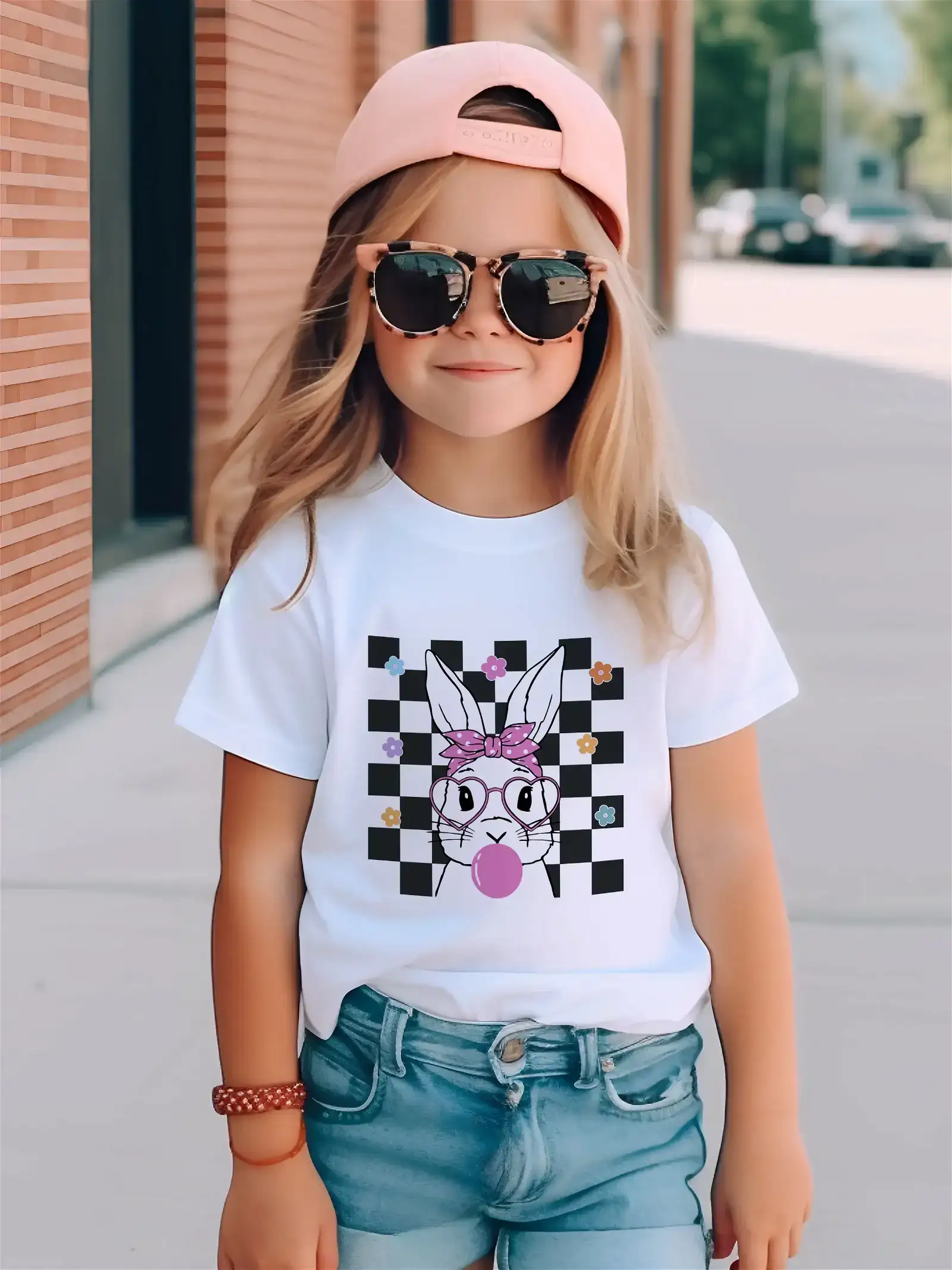 Bunny with Glasses (Checker Background) Kids Graphic Tee