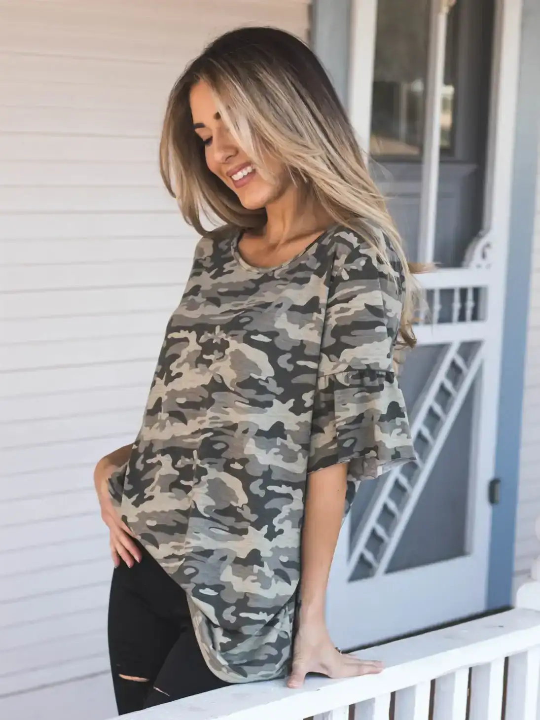 Camo Flare Sleeve Top