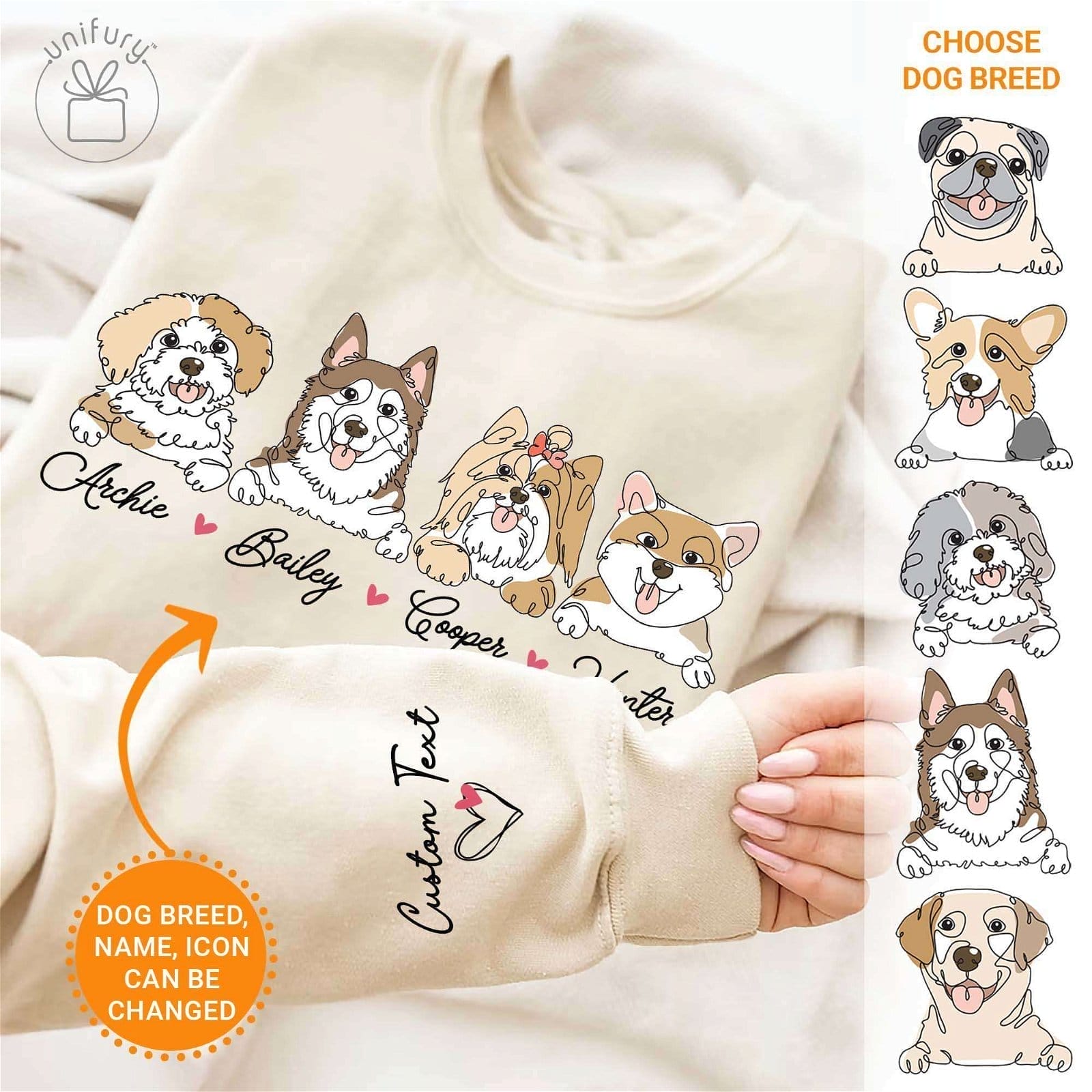 Image of Custom Hand-Drawn Pet Face Oneline Sleeve Printed Standard Sweatshirt