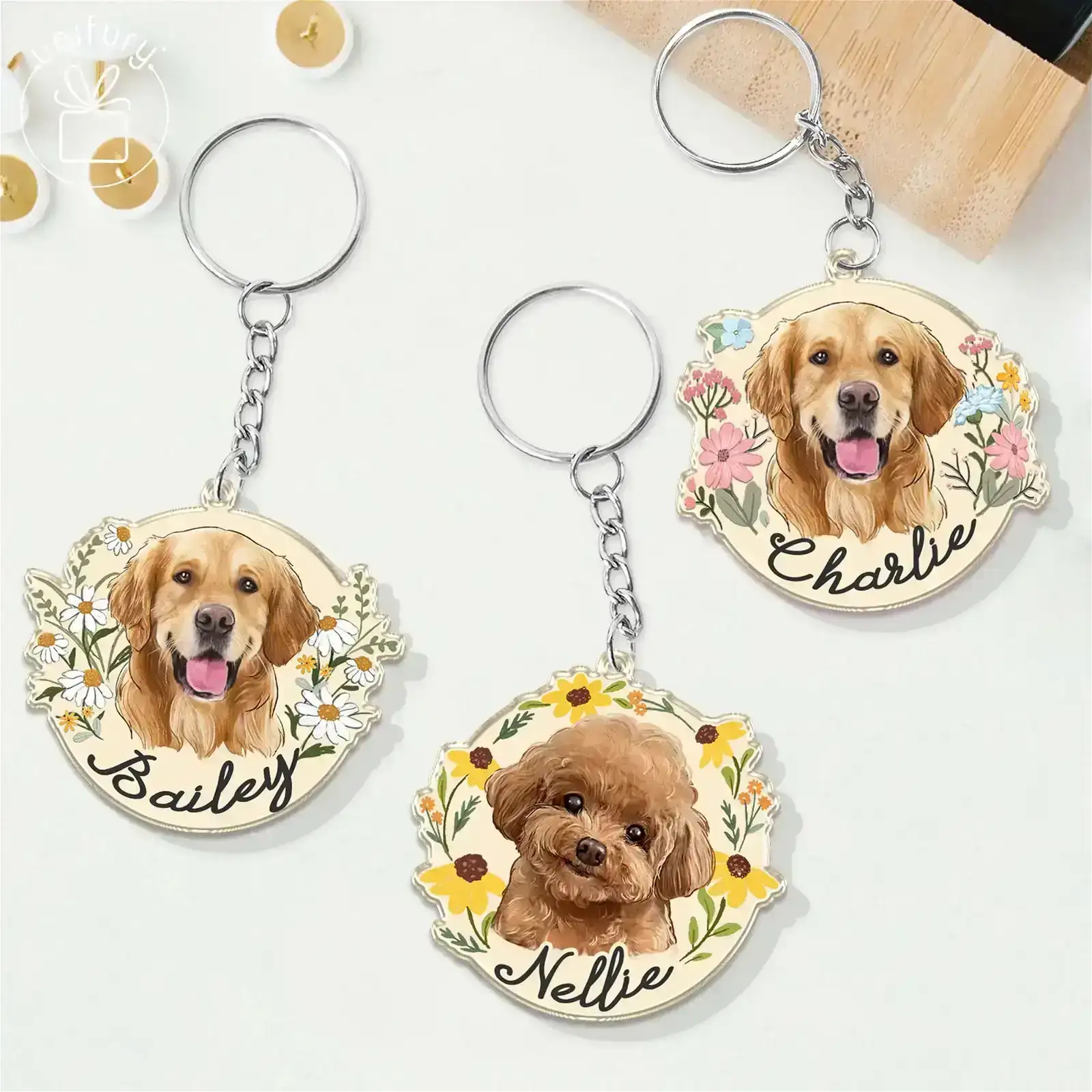 Image of Dog Portrait Flower Custom Shape Acrylic Keychain