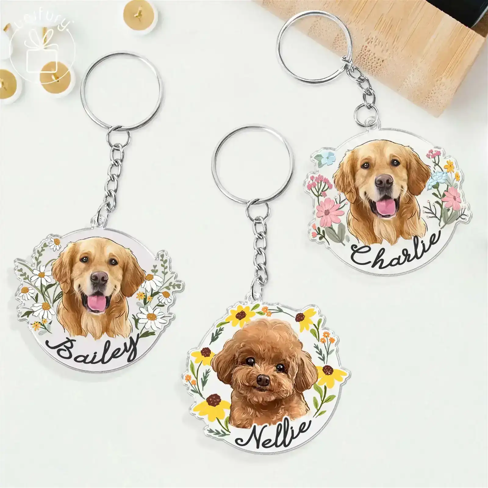 Image of Dog Portrait Flower Transparent Acrylic Keychain