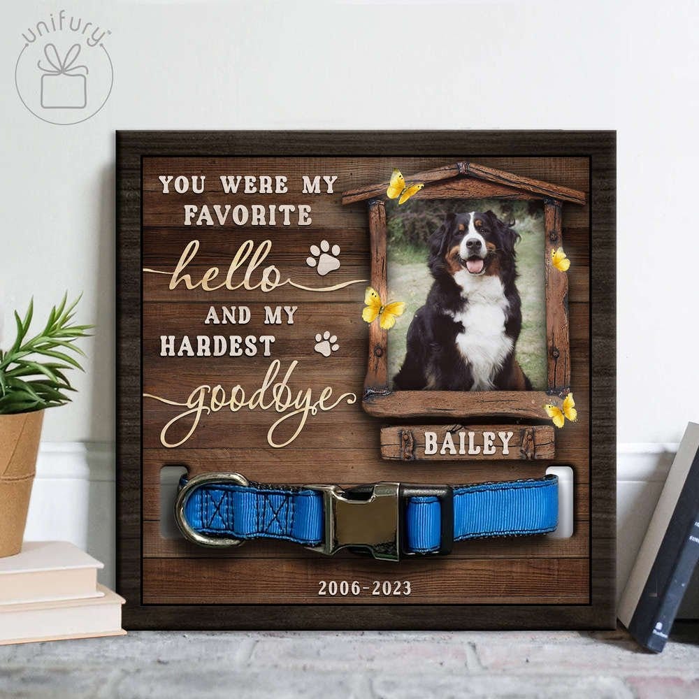 Image of Favorite Hello Hardest Goodbye Personalized Memorial Wooden Pet Collar Frame