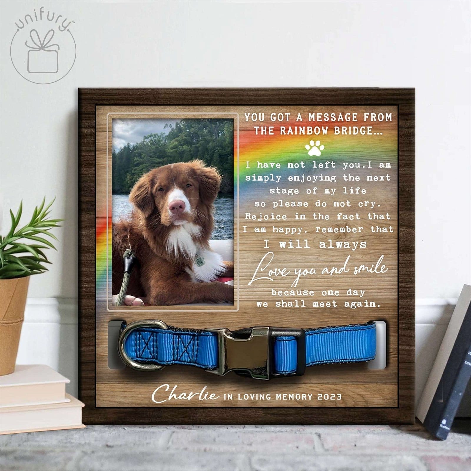 Image of Love You And Smile Personalized Memorial Wooden Pet Collar Frame