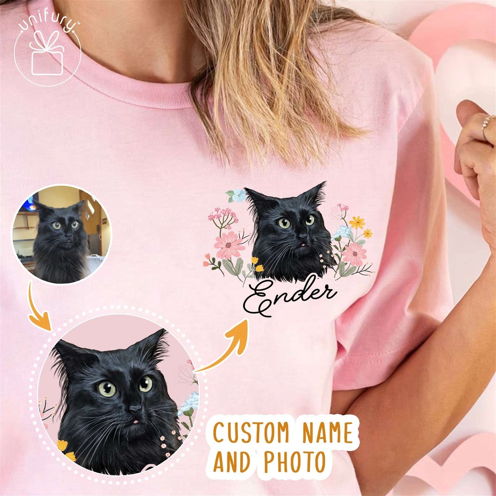 Image of Custom Cat Portrait With Floral Comfort Colors T-shirt