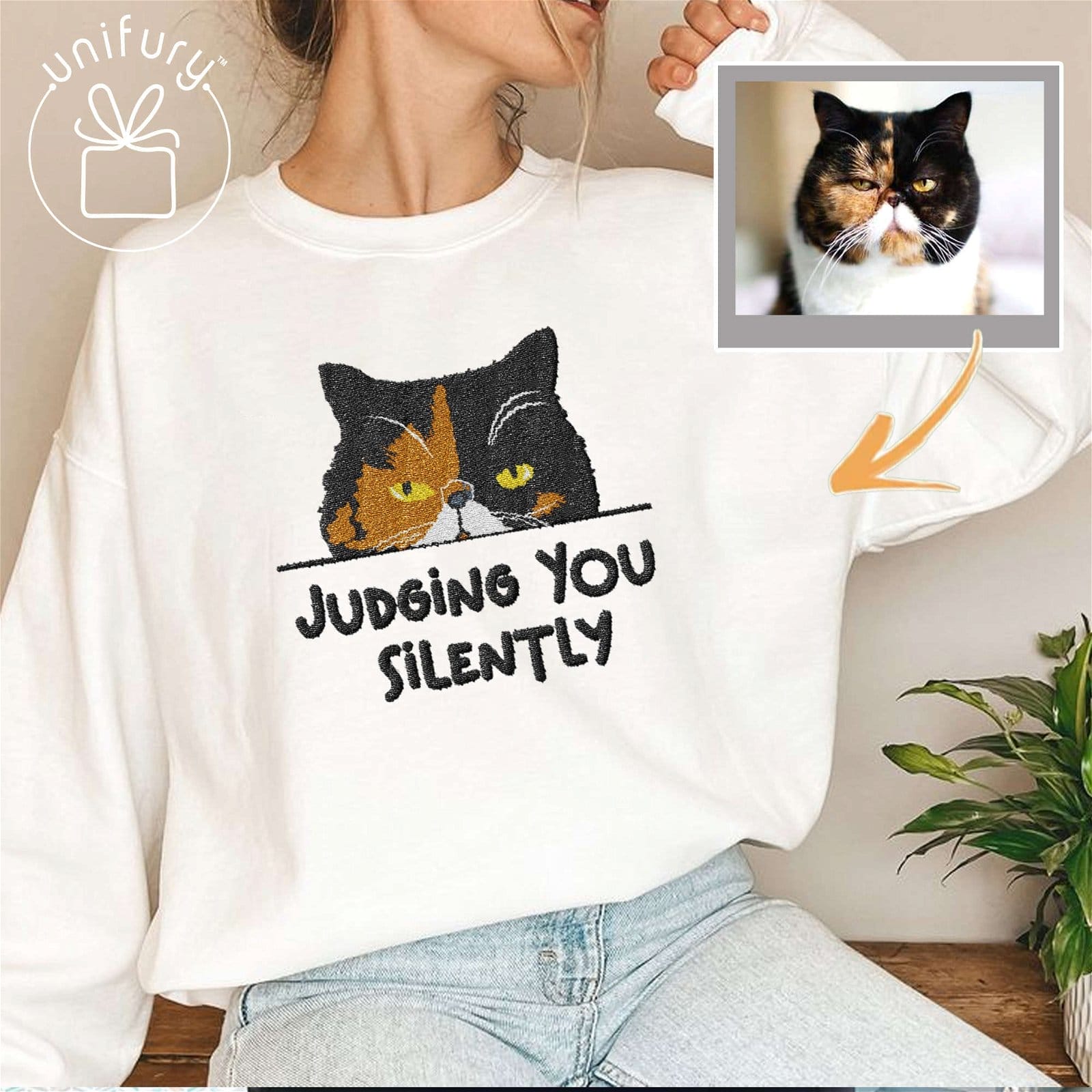 Image of Cat Peeking Hiding Custom Photo Embroidered Sweatshirt