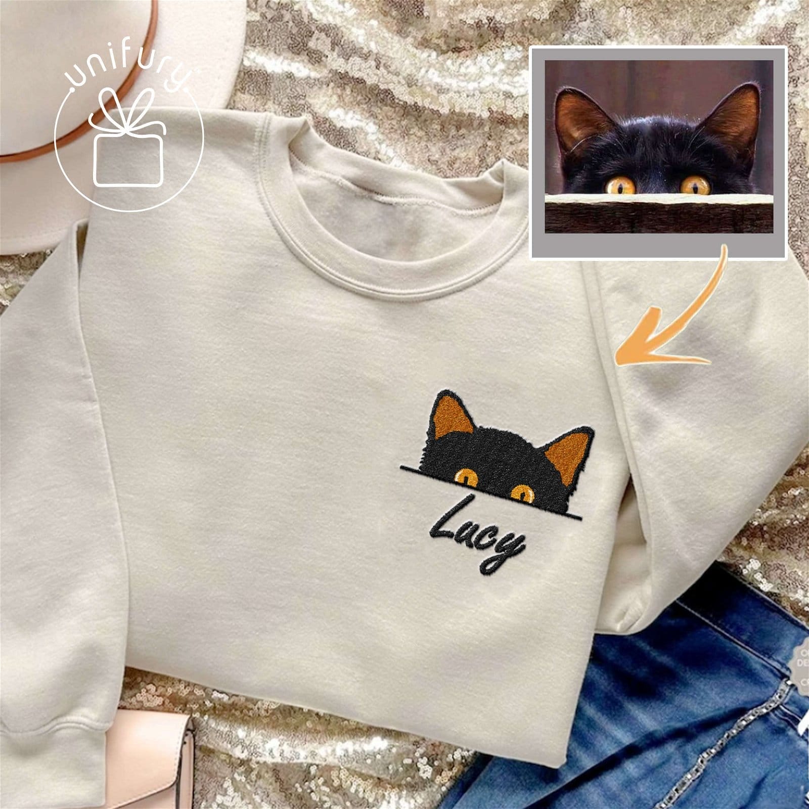 Image of Cat Peeking Hiding Custom Name Embroidered Sweatshirt