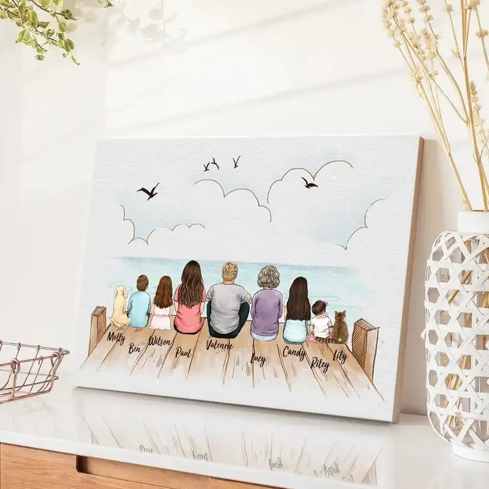 Image of Personalized Family Picture - Family Dog Cat Canvas Print - UP TO 9 PEOPLE & PETS - Wooden dock