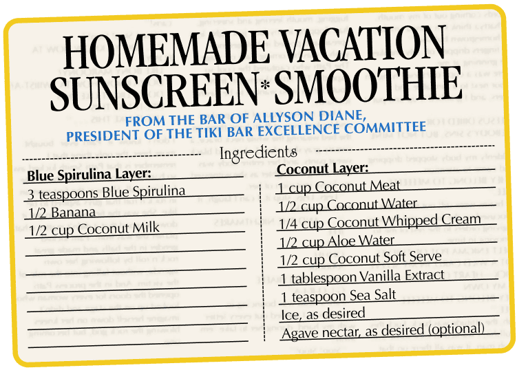 Blue Spirulina Layer: 3 teaspoons Blue Spirulina 1/2 Banana 1/2 cup Coconut Milk. Coconut Layer: 1 cup Coconut Meat 1/2 cup Coconut Water 1/4 cup Coconut Whipped Cream 1/2 cup Aloe Water 1/2 cup Coconut Soft Serve 1 tablespoon Vanilla Extract 1 teaspoon Sea Salt Ice, as desired Agave nectar, as desired (optional)