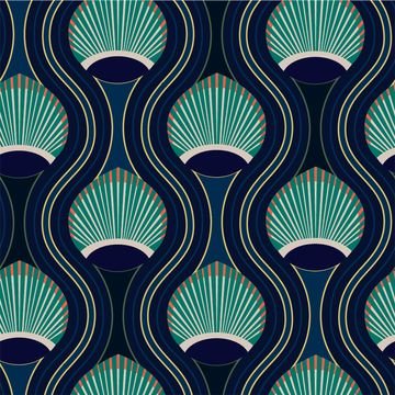 Mitchell Black Art Deco Shell Blue Wallpaper