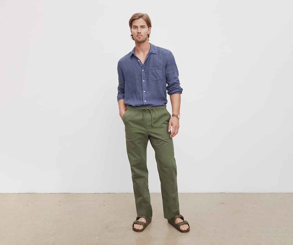 Model wearing the Benton Linen Button-Up Shirt and Branson Pant