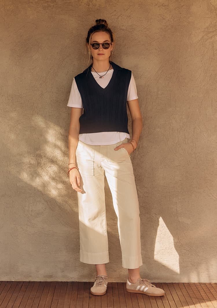 Model wearing the Wendy Knit Vest and Mya Cotton Canvas Pant