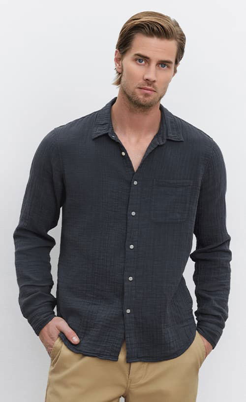 Model wearing the Elton Cotton Gauze Button-Up Shirt