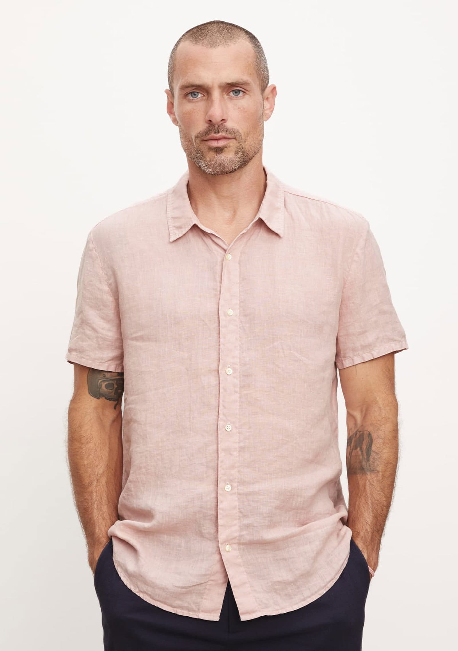 Model wearing the Mackie Linen Button-Up Shirt