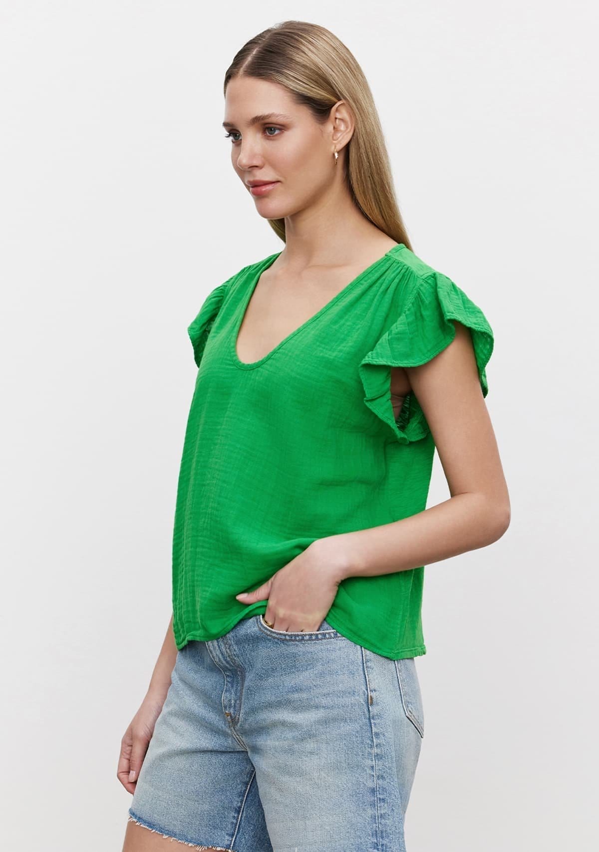 Model wearing the Remi Ruffle Sleeve Top