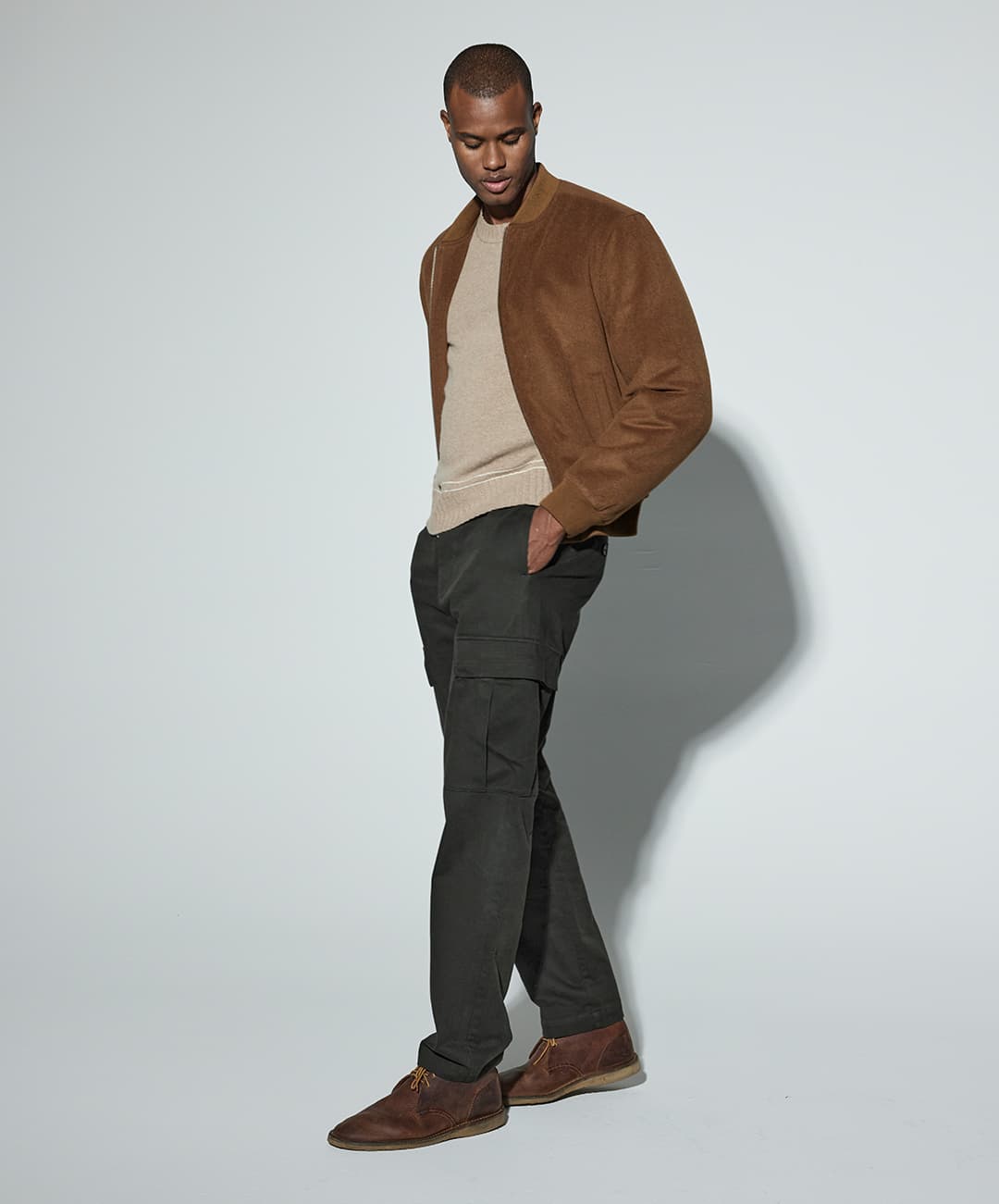 Model wearing the Frazier Bomber Jacket and Bryce Pant