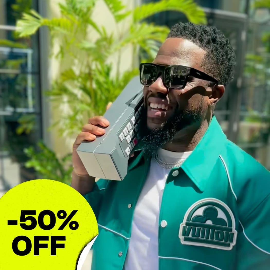 Kevin Hart with the Vintage Frames Brick Phone Sunglass Case